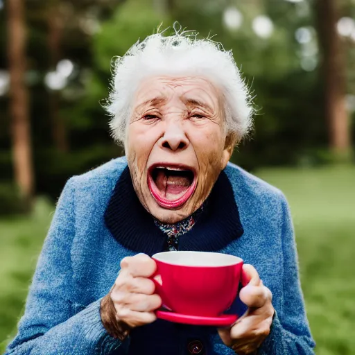 Image similar to elderly woman screaming at a cup of tea, canon eos r 3, f / 1. 4, iso 2 0 0, 1 / 1 6 0 s, 8 k, raw, unedited, symmetrical balance, wide angle