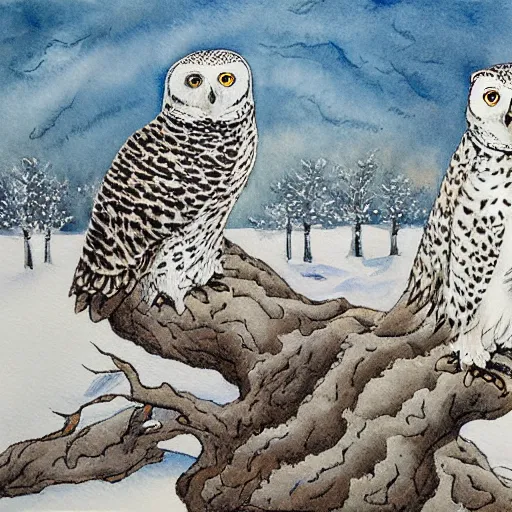 Prompt: snowy owl dancing with a snow leopard, Louis William Wain watercolor,