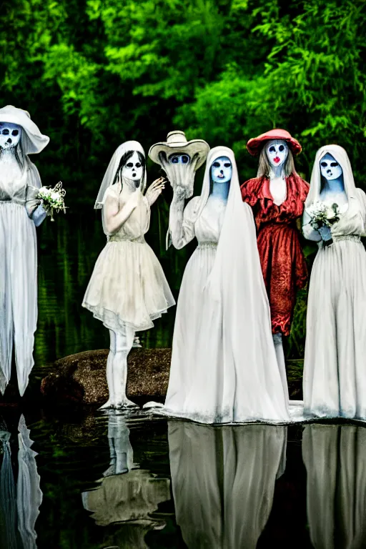 Image similar to 4 ghostly brides standing in a pond, cinematic, horror, photorealistic, vintage, unsettling