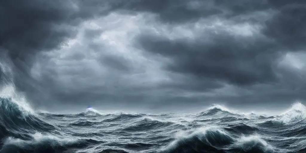 Prompt: detailed waves. dark sea, layers, very detailed super storm, hyper realistic, impressive, very atmospheric, god ray, cinematic, deep, very high complexity, stunning, masterpiece, weather photography, very detailed. 4 k