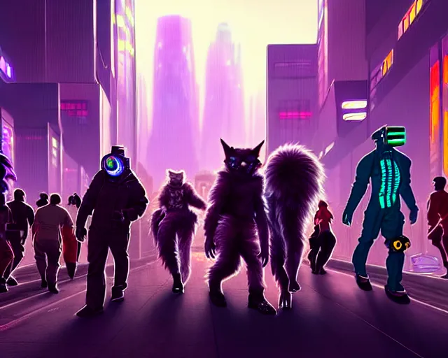 Image similar to high - resolution photograph from a cyberpunk era furry fandom convention ( midwest furfest 2 0 4 7 ), taking place after the genetic revolution and singularity. photorealistic.