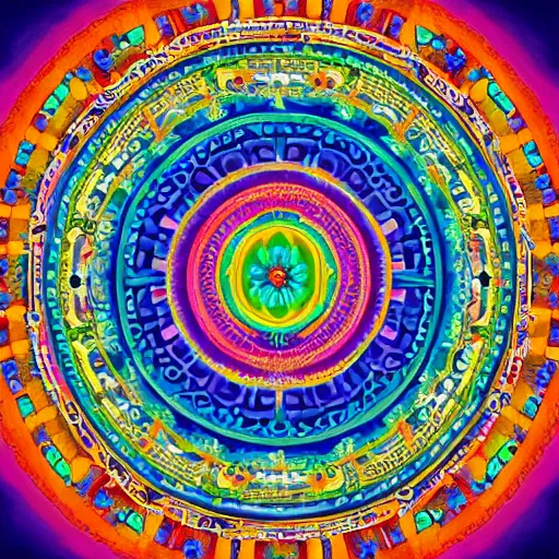 Image similar to A beautiful Buddhist Mandala, hyper-detailed, rainbow color scheme ::