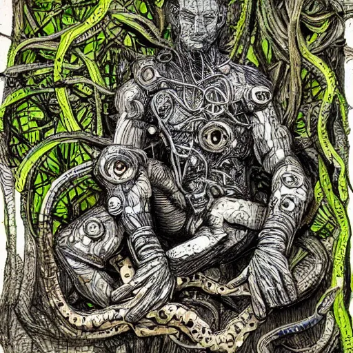 Image similar to cyborg The Thinker Sculpture covered in mushrooms & peyote & ayahuasca vines, sitting in a dense luscious forest, ink sketch, Naturalist