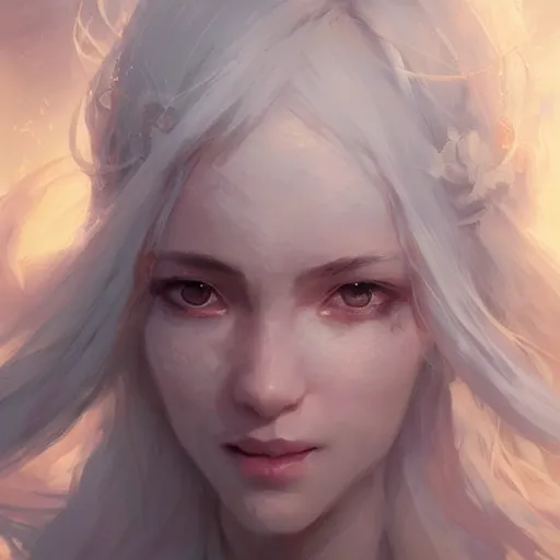 Image similar to a portrait of a beautiful lady with adorable eyes, praying, light smiling, art of wlop and greg rutkowski, epic fantasy art, bright light masterpiece, ray of light through white hair