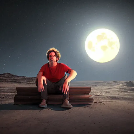 Prompt: gustavo cerati sitting on the red moon, digital art, matte painting, render unreal engine, highly detailed,