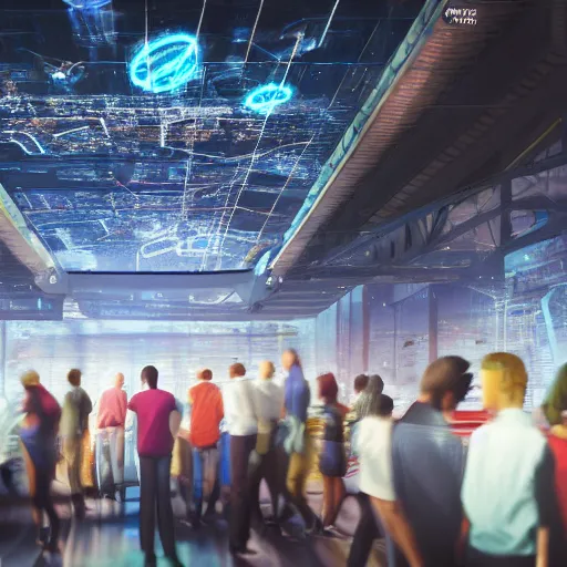 Image similar to large group people in a huge warehouse, looking at hologram of futuristic city on a table | cinematic concept art | godrays | 4 k | clear details | tabletop | tabletop | hologram foreground