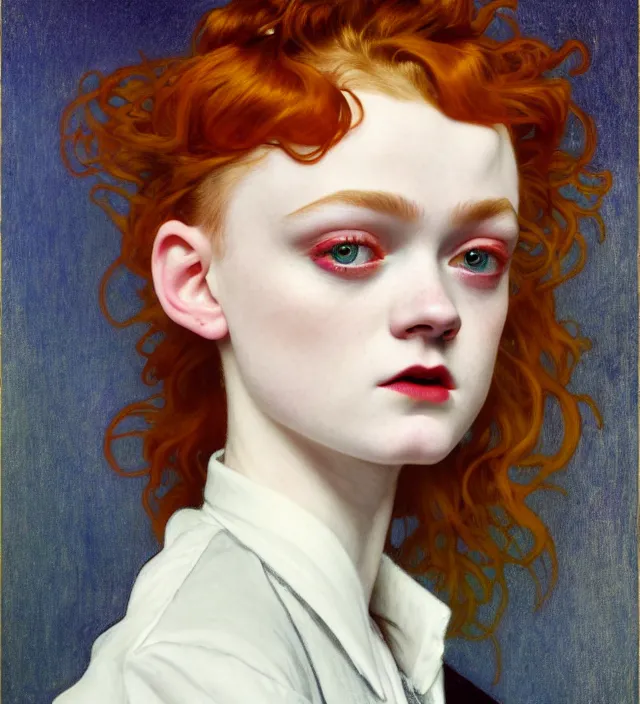 Image similar to sadie sink stunning portrait of highly details androgynous ruby rose as desire from sandman, rockabilly style, white suit and black tie,, by egon shiele and alphonse mucha, with influence of jeremy mann, peter lindbergh, dave mckean, maurice sapiro, and frank moth, soft lightning, highly detailed, 8 k