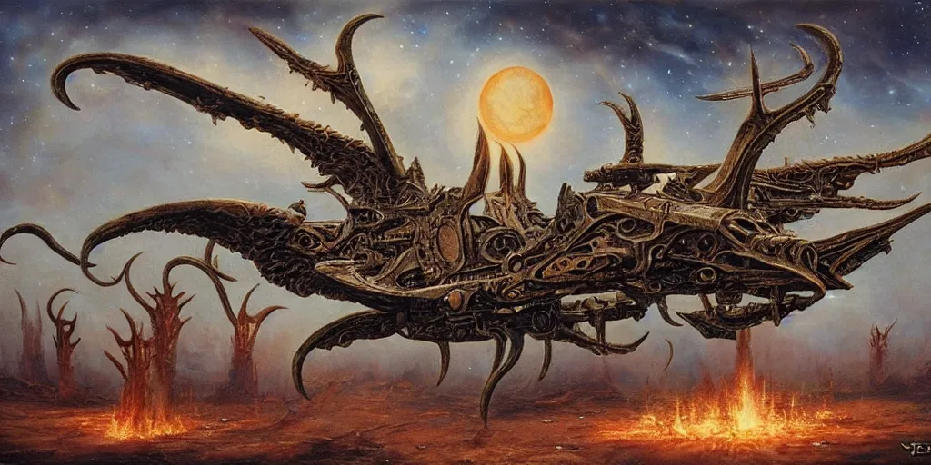 Image similar to baphomet spaceship!!!!! with antler made with porcelain by jeff easley and peter elson, galaxy, gothic, surreal, dread scary spaceship, highly detailed, intricate complexity, epic composition, magical atmosphere, masterpiece, award winning, trending on artstation