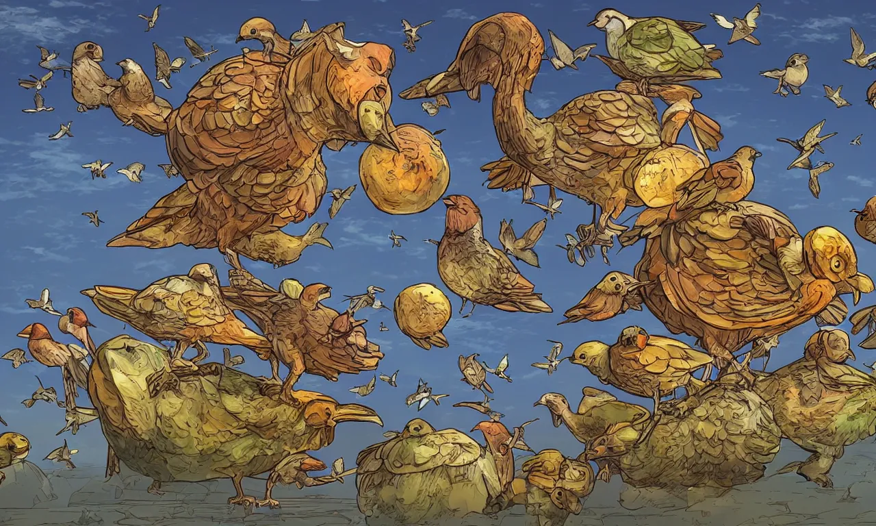 Prompt: discworld theme, flocking birds, 3 d art, digital illustration, perfect lighting