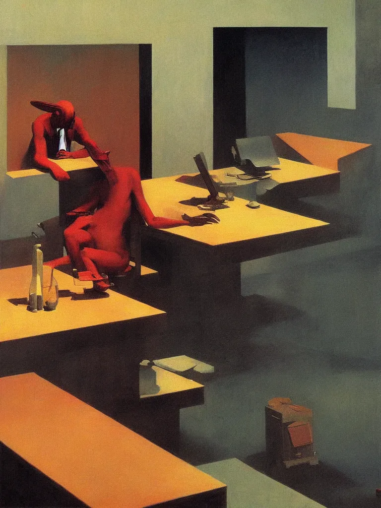 Image similar to the devil eating computer in the table edward hopper and james gilleard, zdzislaw beksinski highly detailed