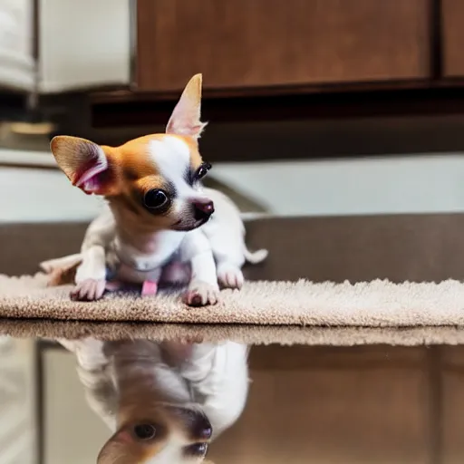 Prompt: chihuahua dog seeing his own reflection in a mirror