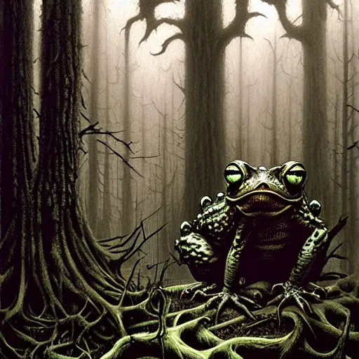 Image similar to evil toads in the forest, foggy, atmospheric, highly detailed, realistic, gothic horror, gerald brom