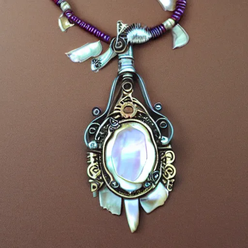 Prompt: steampunk jewelry with mother of pearl