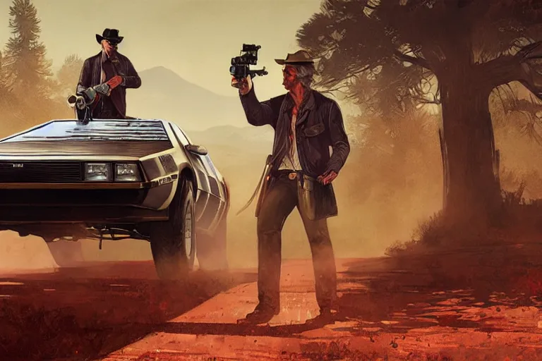 Image similar to delorean in red dead redemption 2, by greg rutkowski, by stanley artgerm, by alphonse mucha