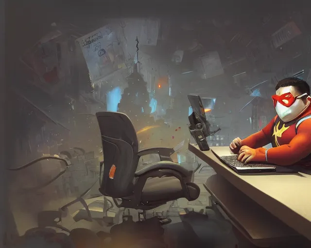 Image similar to an insanely detailed painting of a slightly chubby, nerdy asian man wearing a superhero costume and mask, sitting at a desk, staring at the nervously at the computer and typing, in the style of peter mohrbacher, dramatic lighting and composition, octane render, trending on artstation, concept art, comic book, view from behind