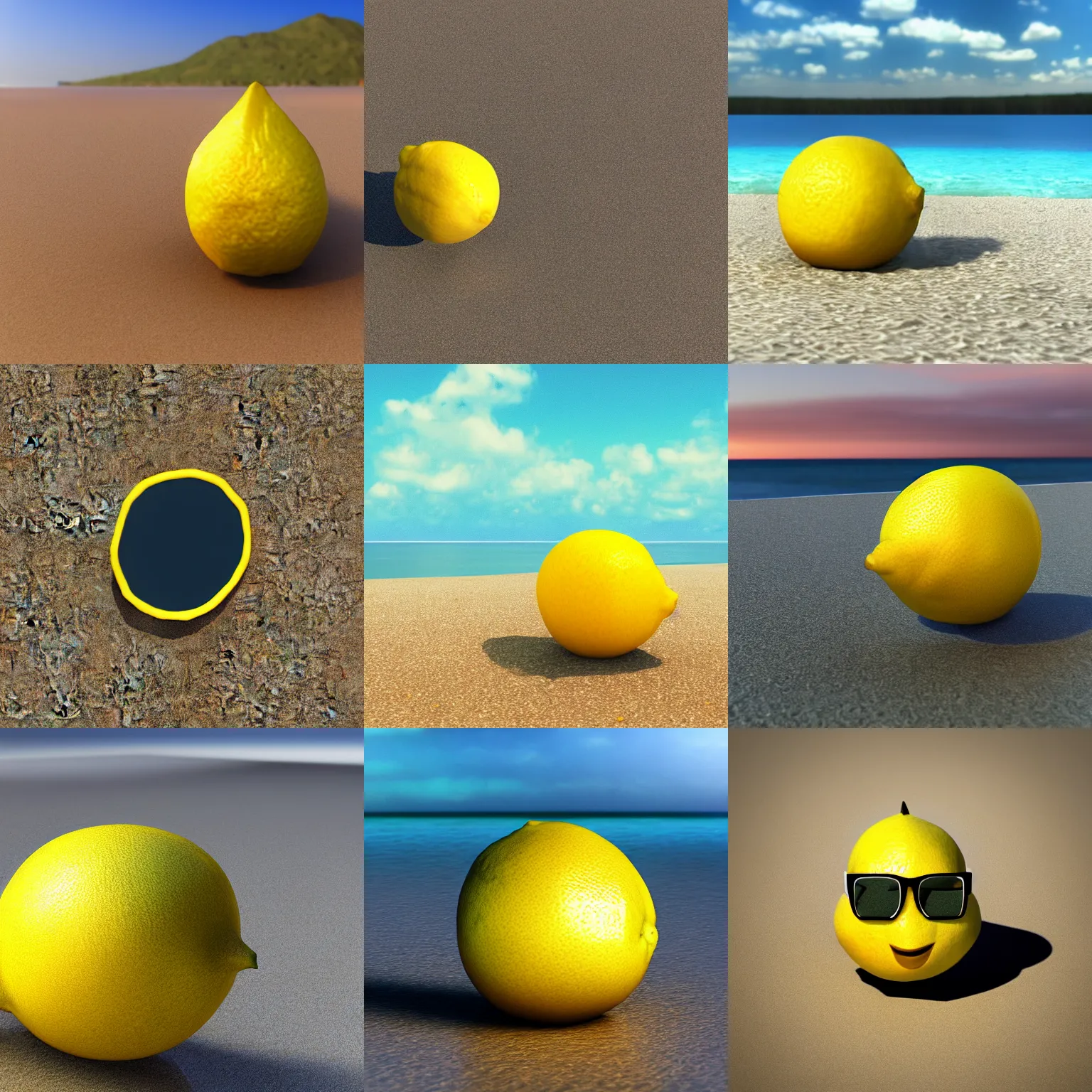 Prompt: 3d render of a lemon on the beach wearing glasses