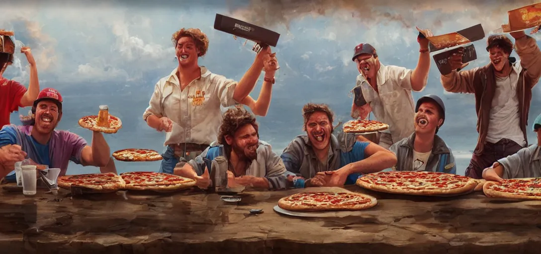 Prompt: !dream oil rig workers eating a pizza, 80s style, smiling maniacally, 8k, james gurney, greg rutkowski, john howe, artstation