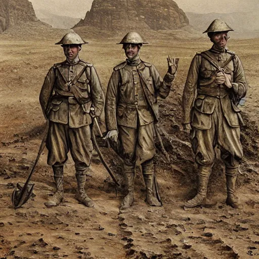 Image similar to ultra detailed photorealistic sepia - toned painting from 1 9 1 7, three british soldiers standing at an archaeological dig site in wadi rum, ultra realistic, painted, intricate details, lovecraft, atmospheric, dark, horror, brooding, highly detailed, by clyde caldwell