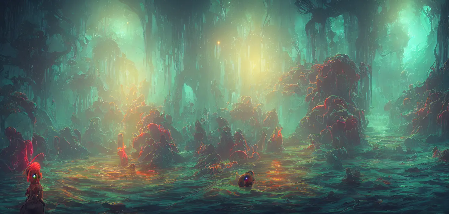 Prompt: intricate colourful murky with strange cute friendly angry crazy creatures with huge beauty eyes long tongue triangle teeth and scary face appearing from the water digital painting bioluminance alena aenami artworks in 4 k rtx hdr design by lois van baarle by sung choi by john kirby and artgerm style pascal blanche and magali villeneuve
