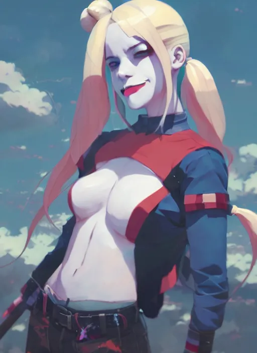 Image similar to portrait of harley quinn, cloudy sky background lush landscape illustration concept art anime key visual trending pixiv fanbox by wlop and greg rutkowski and makoto shinkai and studio ghibli