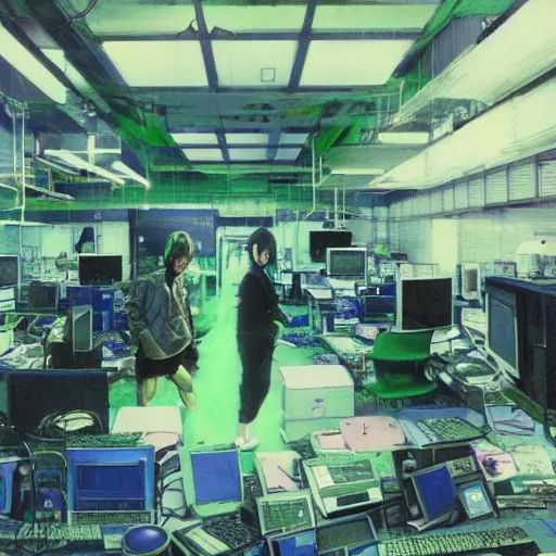 Image similar to portrait of lain iwakura, background room full of cables and computers, bright displays, blue and green tones by yoshitoshi abe, ruan jia and joao ruas, atmospheric