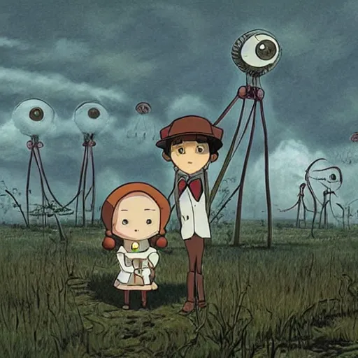Prompt: war of the worlds, in the style of ghibli and mark ryden