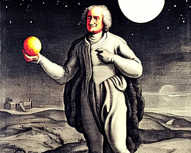 Image similar to isaac newton holding an apple in his hands and looking at the moon