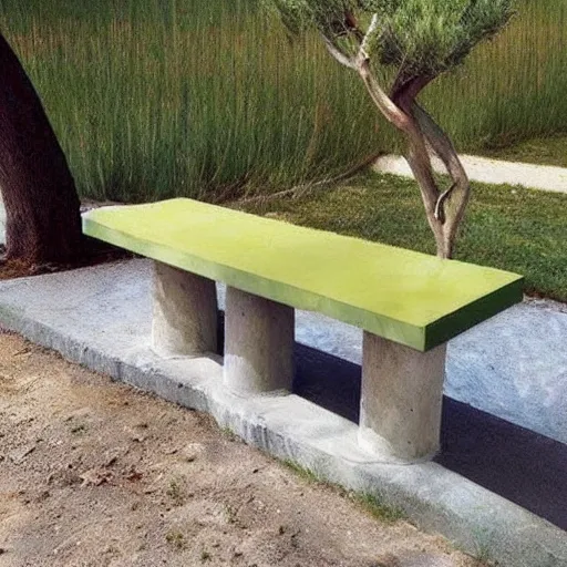 Image similar to creative concrete benches, colorful, olive trees