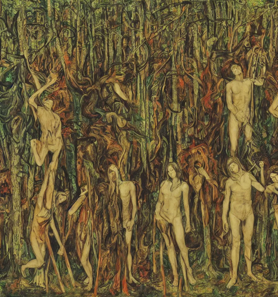 Image similar to four warrior angels lost in a forest painted by akseli gallen and ernst fuchs