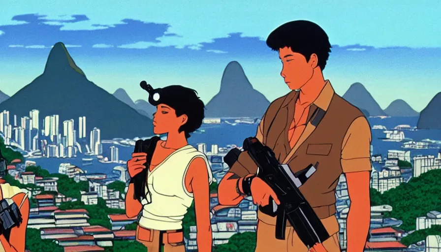 Image similar to 1 9 8 6 movie screencap of a couple with a gun on a rio de janeiro, gucci clothes, studio ghibli sky, beautiful favela background extremely utra high quality artwork 8 k