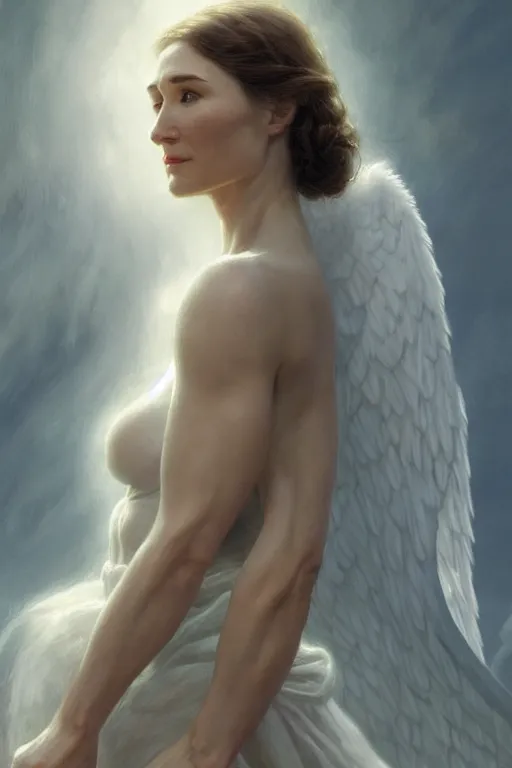 Image similar to carice van houten as a heavenly angel, anatomy, only two hands, highly detailed, digital painting, artstation, concept art, smooth, sharp focus, illustration, unreal engine 5, 8 k, art by art by artgerm and greg rutkowski and edgar maxence