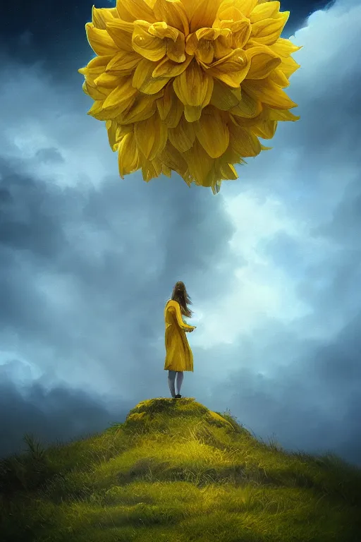 Image similar to closeup girl with huge yellow dahlia flower face, intricate, standing on mountain, surreal photography, blue storm clouds, dramatic light, impressionist painting, digital painting, artstation, simon stalenhag