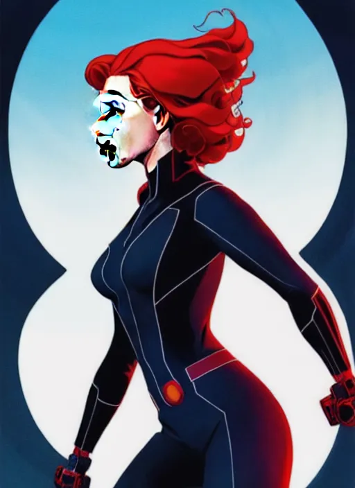 Image similar to rafeal albuquerque comic art, joshua middleton comic art, cinematics lighting, night time, pretty scarlett johansson black widow, big smirk, symmetrical face, symmetrical eyes, long red hair, full symmetrical body, flying in the air, jumping off rooftop