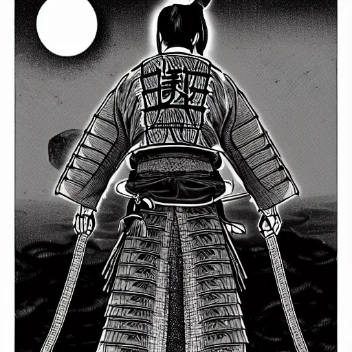 Image similar to A PORTRAIT FROM BEHIND OF A SAMURAI MAN VAGABOND WITH A MOON BEHIND HIM ,THE SAMURAI IS WRAPPED IN CHAINS ,detailed, concept art, ink style , sketch