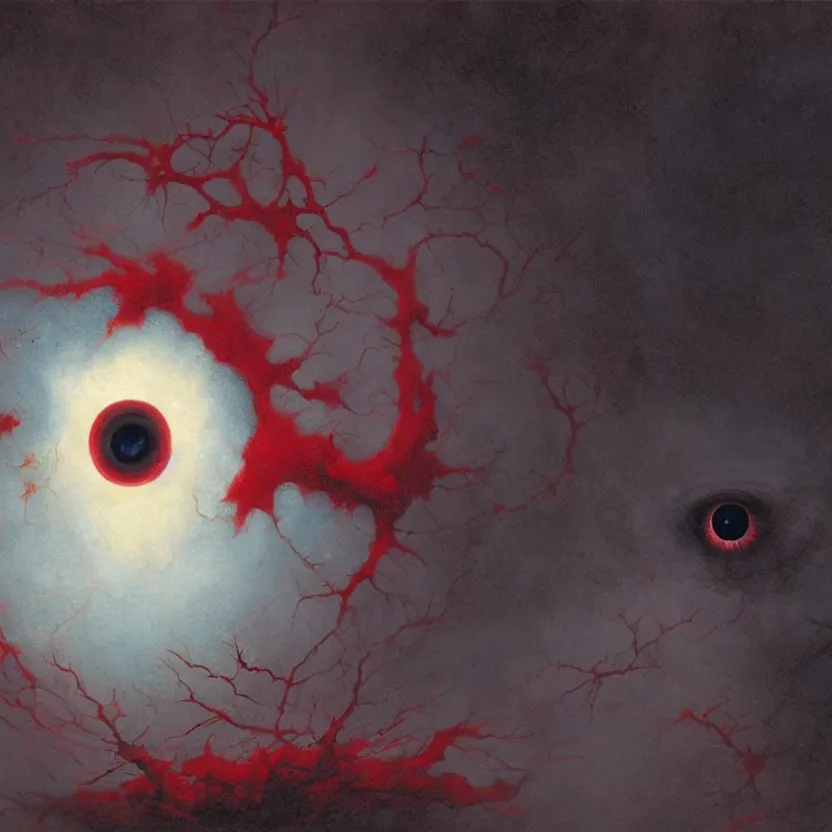 Prompt: a cosmic being shaped like an eyeball, epic, horror, red, white, by greg rutkowski and zdzisław beksinski, 8 k