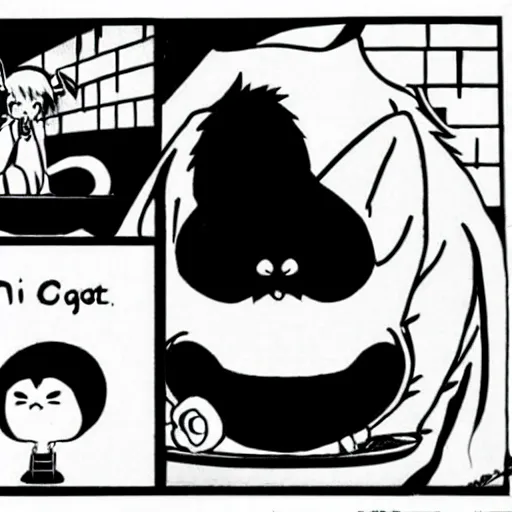 Prompt: manga cat by Hayao Miyazaki eats from a bowl of rice, black and white manga