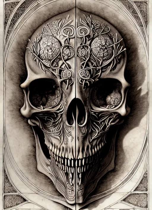 Image similar to art forms of nature by ernst haeckel, memento mori by arthur rackham, ornate antique porcelain beautiful skull mask, ultrasharp, photorealistic, hyperdetailed, octane render, polished, art nouveau, neo - gothic, gothic, intricate ornamental organic filigree, art nouveau botanicals, art forms of nature by ernst haeckel, horizontal symmetry, symbolist, visionary