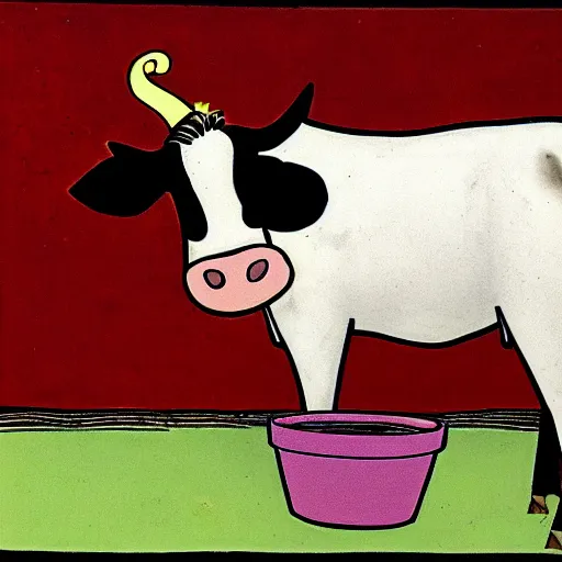 Prompt: a cow points at a bucket in the style of gary larson
