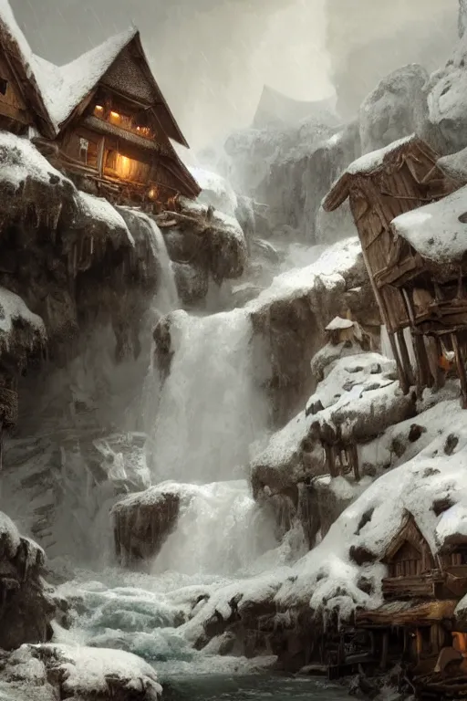 Image similar to mountain village with wooden viking houses on top of a waterfall in the snow, blizzard, a small stream runs beneath the waterfall, landscape, raphael lacoste, eddie mendoza, alex ross, concept art, matte painting, highly detailed, rule of thirds, dynamic lighting, cinematic, detailed, denoised, centerd