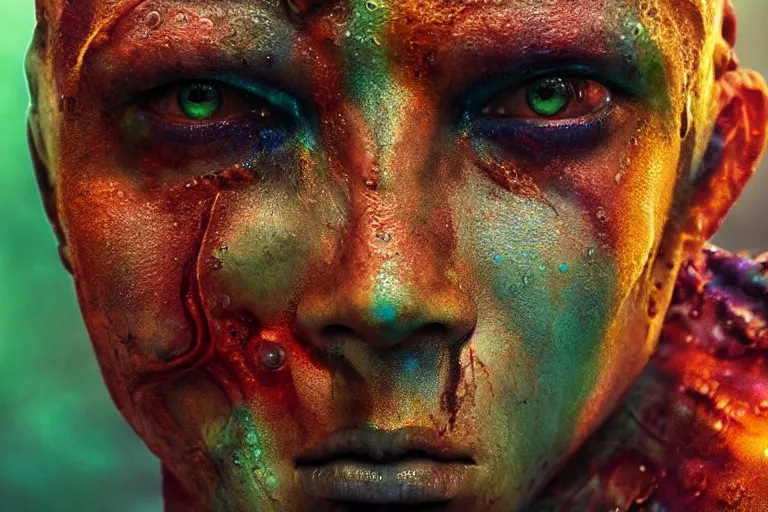 Image similar to VFX movie of a futuristic alien warrior closeup portrait in war zone, beautiful colorful skin and gills natural lighting by Emmanuel Lubezki