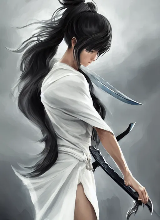 Prompt: a highly detailed illustration of fierce messy ponytail black haired one armed!!! delinquent woman wearing long white tokkoufuku cape, dramatic wielding sword pose, muscular, intricate, elegant, highly detailed, centered, digital painting, artstation, concept art, smooth, sharp focus, league of legends concept art, wlop.