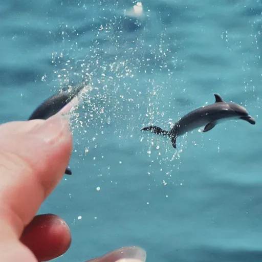 Image similar to a miniature oceans held in someone's cupped hands, dolphins jumping,