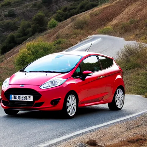 Prompt: red ford fiesta mk 6 zetec on a mountain road, spain, award winning photograph, golden hour