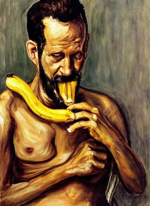 Prompt: “oil painting of sigmund Freud eating a banana, by lucian freud, Freudian, fleshy, bold brush strokes”