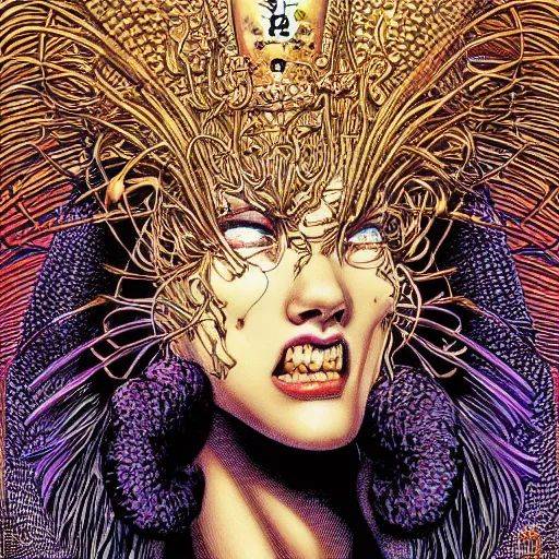 Image similar to portrait of crazy queen, symmetrical, by yoichi hatakenaka, masamune shirow, josan gonzales and dan mumford, ayami kojima, takato yamamoto, barclay shaw, karol bak, yukito kishiro