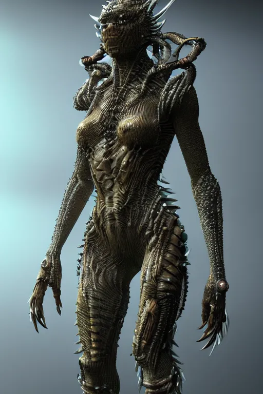 Image similar to skin concept costume, in full growth, biopunk, predator, trypophobia, many details, crystals, guyver style, 3 d, gods, cinematic, hyper realism, high detail, octane render, art by hans giger