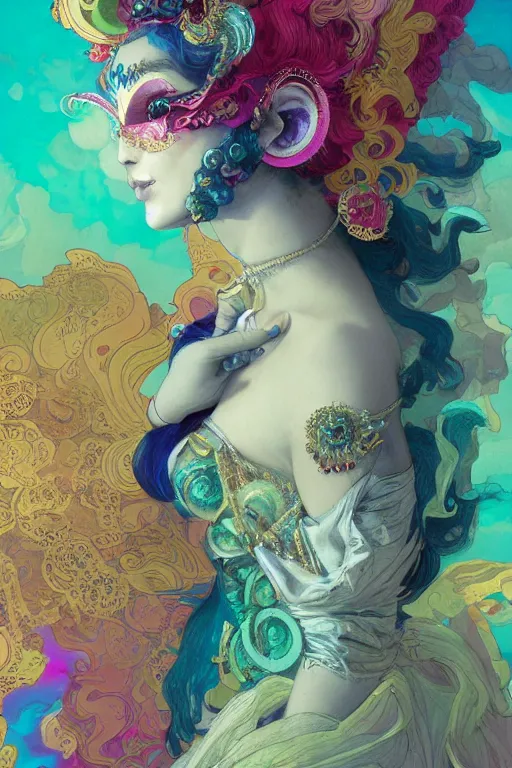 Image similar to woman in Venetian mask, profile, center of the universe, psychedelic, character concept, floating hair, gauzy dress, full body shot, many colors, colorful, all colors, highly saturated colors,, fantasy character, detailed illustration, hd, 4k, digital art, overdetailed art, concept art, Dan Mumford, Peter Mohrbacher, Alfons Mucha, Greg Rutkowski, trending on artstation