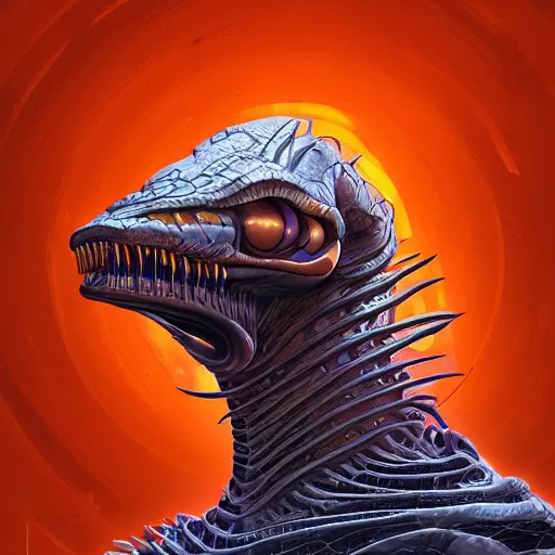 Image similar to professional concept art portrait of a predatory alien species on a depth of field background, by cam sykes. an intricate, elegant, highly detailed digital painting, concept art, smooth, sharp focus, illustration, in the style of syd mead.