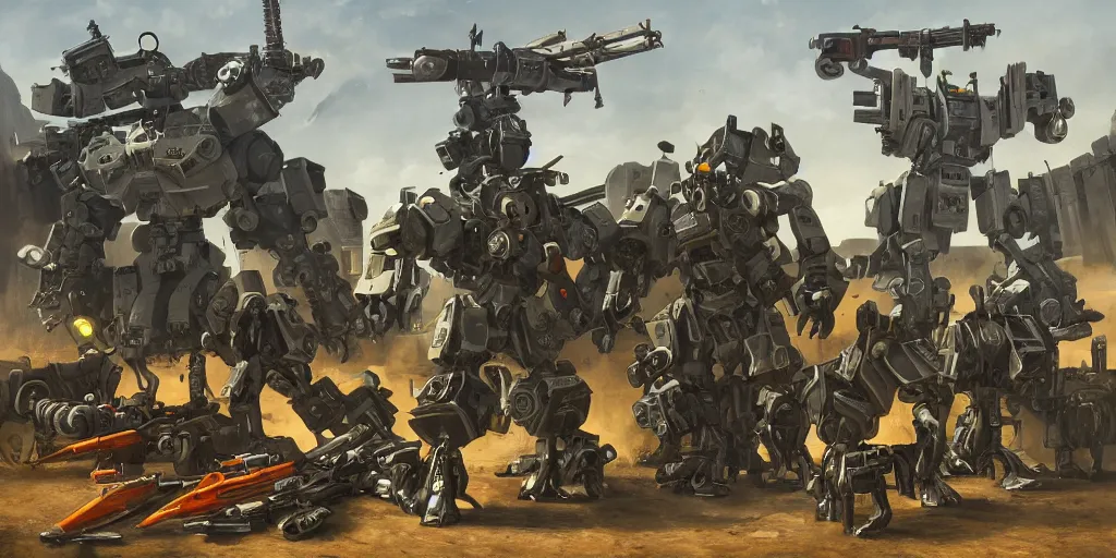 Image similar to Still life of a combat mech surrounded by its weapons, inspired by Carvaggio