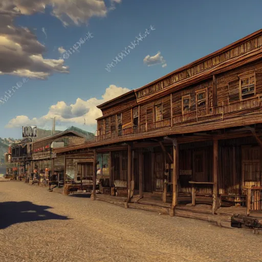 Image similar to photorealistic western town with a saloon and old western buildings, dynamic lighting, hyper realistic